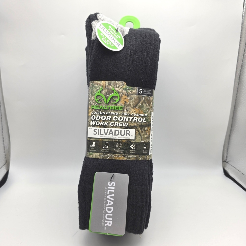 Realtree Mens 5 Pack Odor Control Work Crew Socks Black Grey Shoe Size 6-12 NEW